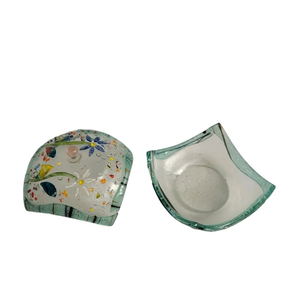 Hand Crafted Fused Glass Trinket Box Floral Multicolored